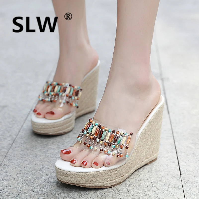 

Slippers Platform Women Heels On A Wedge Bohemia Slides Straw Knitted Woman Shoes Luxury Ladies Flip Flops String Bead High