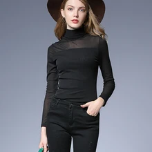 Женская Осенняя водолазка, черная сетка, универсальные базовые топы, футболки размера плюс, Женский Большой пуловер с длинным рукавом, топы для женщин