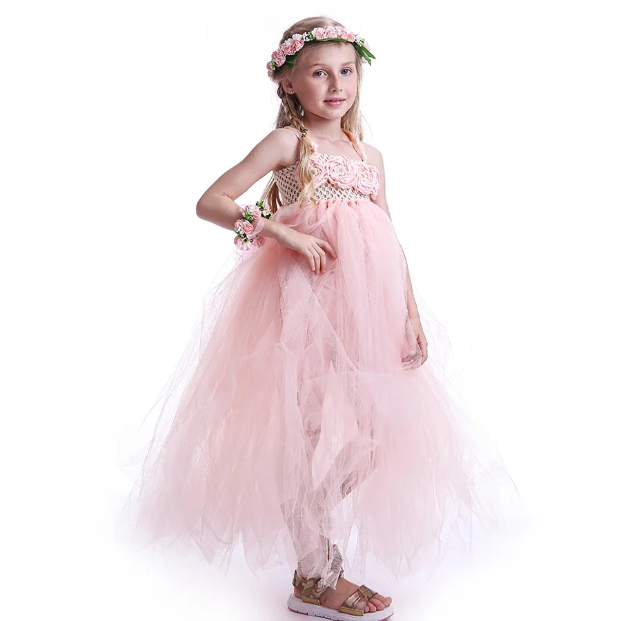 Girls Princess Peach Flowers Tutu Dress Children Summer Fancy Ankle Length (5)