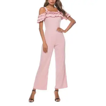 

Pink Short Sleeve 2019 New Women Jumpsuit Solid Ruffle Bodysuits Womens Casual Office Ladies Summer Overalls Female Jumpsuits