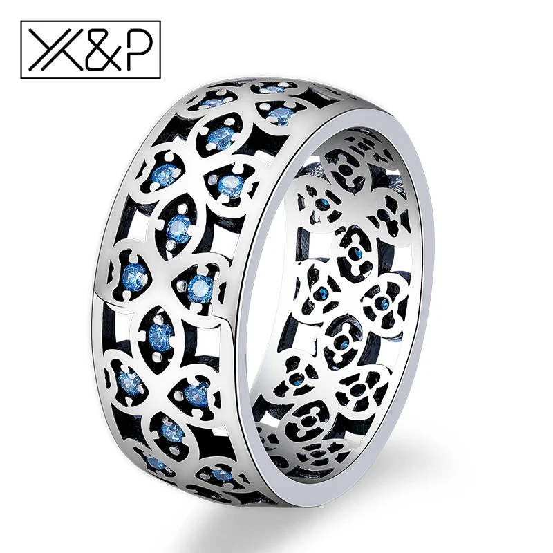 

X&P Fashion Charm 925 Silver Crystal Finger Rings for Women Girl Engagement Petals of Love Sweet Clover Blue Ring Jewelry Gift