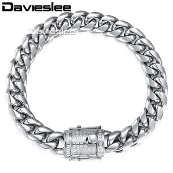 

Davieslee Mens Bracelet Chain Miami Curb 316L Stainless Steel Iced Out Cubic Zirconia CZ Gold Silver Color 12/14mm 9inch LHBM113