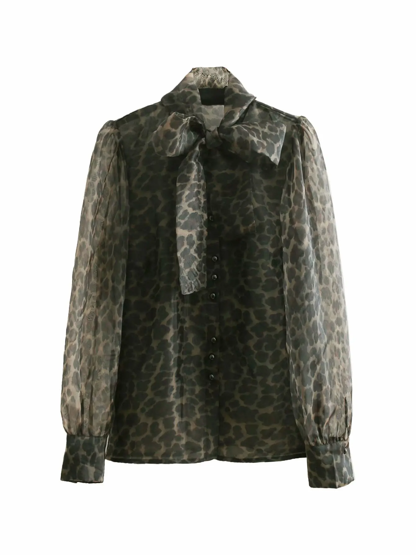 

2019 women vintage bow tie leopard print casual organza smock blouse shirt women retro buttons chic blusas femininas tops