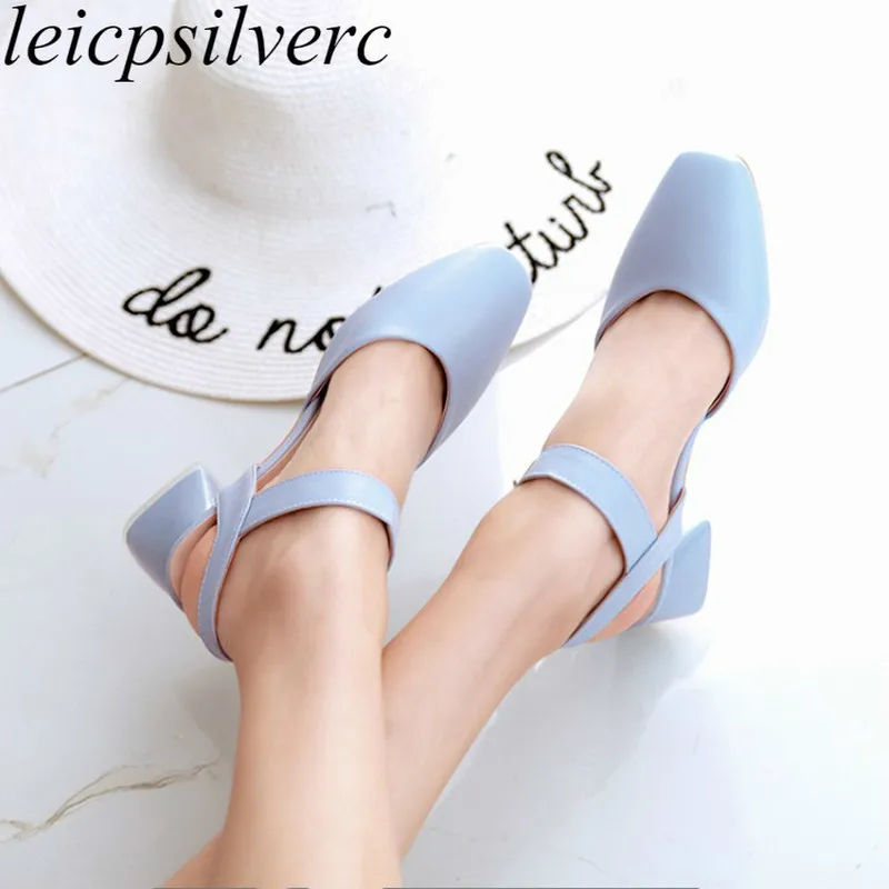 

Women Sandals Beach Shoe High Heel Pu Square Toe Buckle 2018 Summer New Sexy Sweet Fashion Casual Dress Wedding Pink Blue White