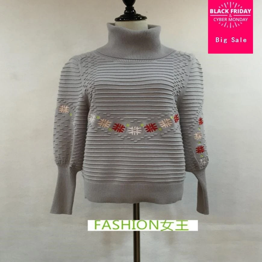 #Special Offers 2019 Spring fashion brand wool knit embroidery flower pattern sweater short style high collar wool long sleeve tops wj1840