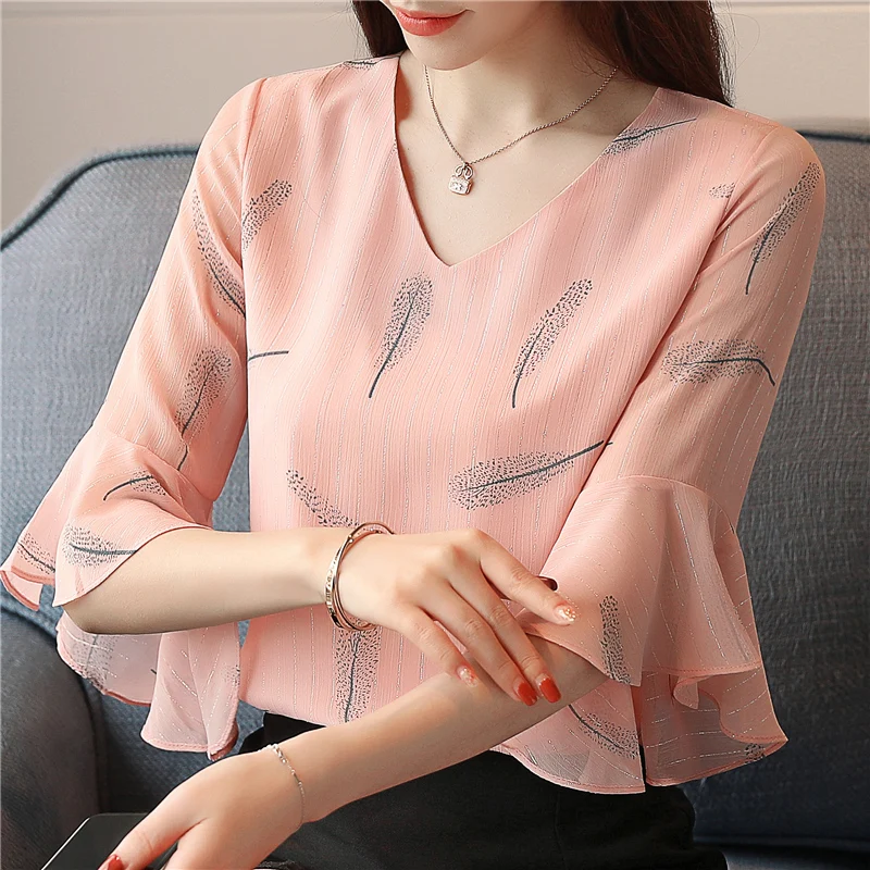 

2019 summer fashion women's clothing butterfly sleeved blouses sweet short sleeve chiffon Shirt print women tops pink