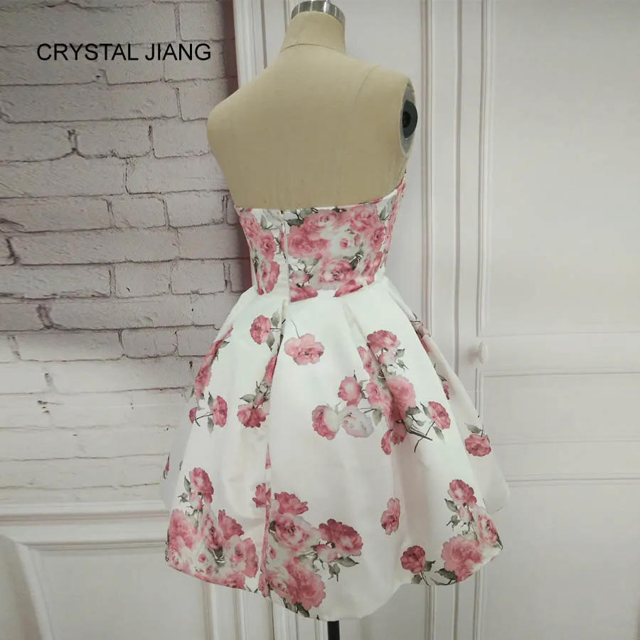 Simple Design Sweetheart Vestido Coctel White Floral Printed Natural Waist Short Party Gown
