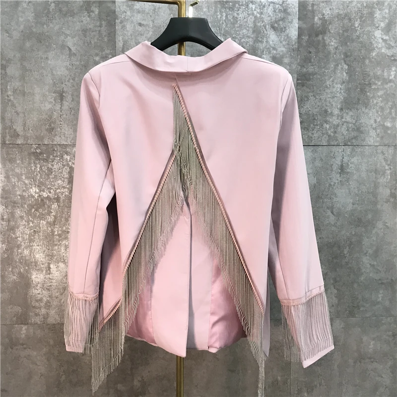 Женский розовый пиджак с металлической кисточкой и цепочкой, новинка весны