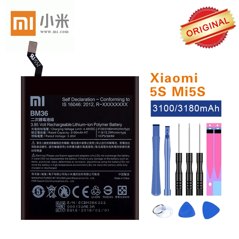 

2019 New Original Xiaomi Battery BM36 For Xiaomi Mi 5S Mi5S Top Quality Cellphone Batteries 3100mAh with free Repair Tools