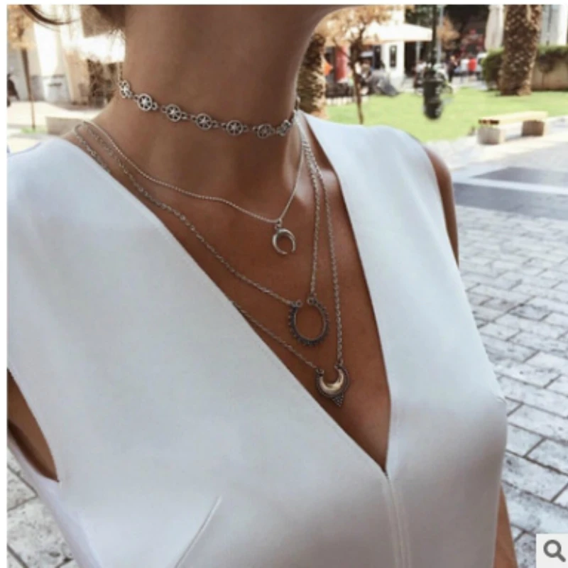 

New Vintage Silver Necklace Color Moon Star Multi Layer Necklace Women Statement Necklace Bohemian Jewelry Choker Wholesale