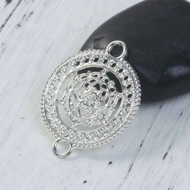 Doreen Box Zinc Based Alloy Buddhism Mandala Connectors Round Silver Color Gold Plated Hollow 37mm(1 4/8&quot) x 29mm(1 1/8&quot) 5 PCs |