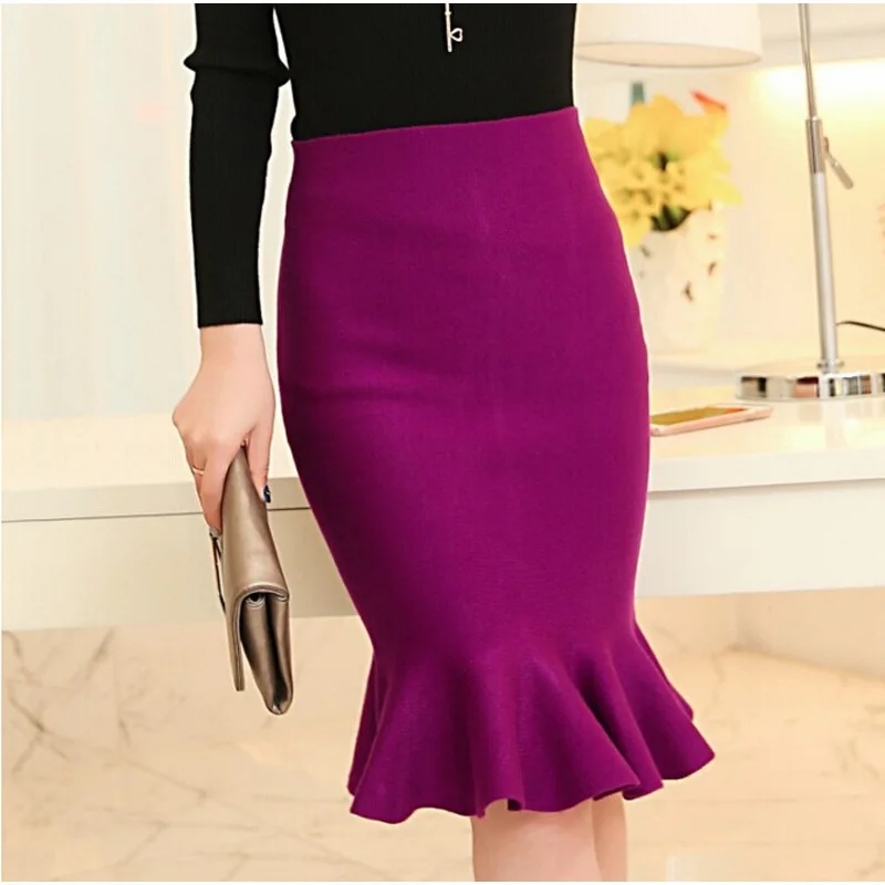 

high waist skirts womens 2016 knit midi Fish Tail ruffles hip Skirt Saias Femininas FS0198