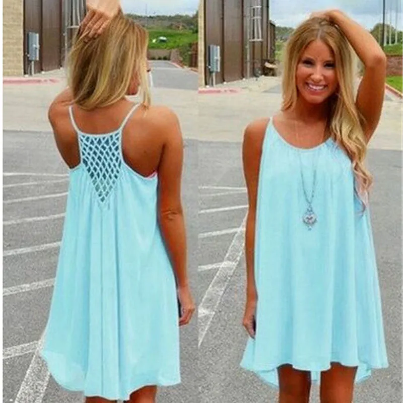 

2018 new fashion casual beach summer dress Slim thin large size women's harness mesh stitching backless chiffon dress C0364
