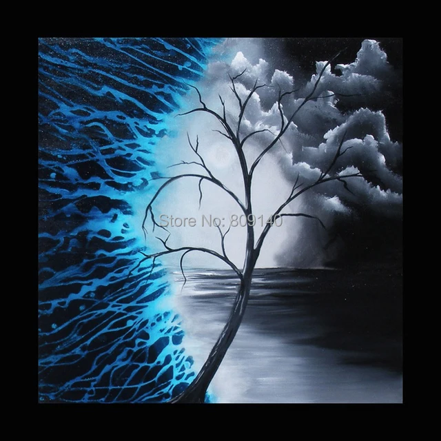 Acrylic Canvas Painting Single Tree Silhouette Full Moon Acrylic Canvas Painting Single Tree Silhouette Full Moon