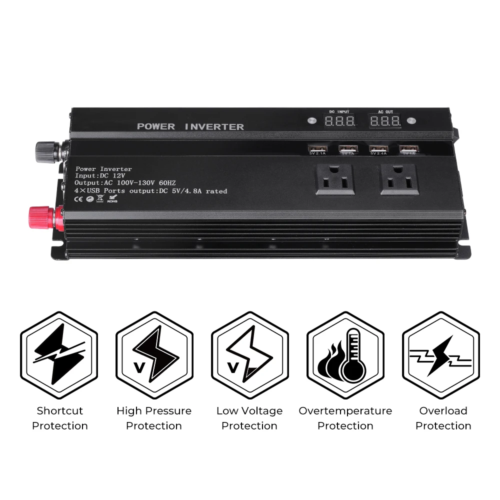 

DC 12V AC100V-130V 60 HZ Car Power Inverter Charger Converter Adapter 4USB Ports Phone Charging Packup EV Energy