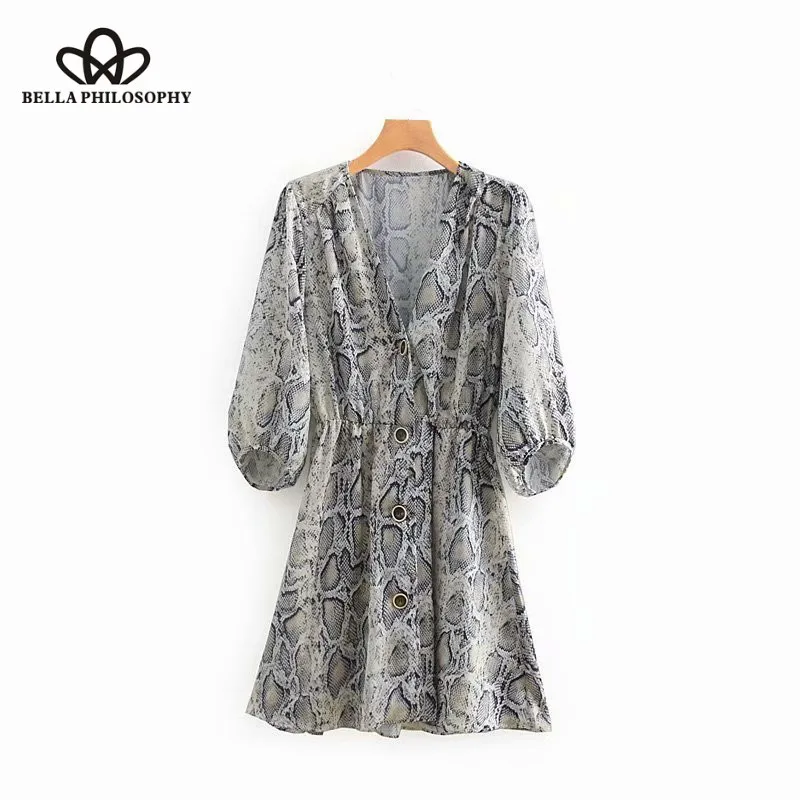 Wonder 2018 autumn vintage v neck snake skin printing buttons mini dress female vestidos lantern sleeve waist casual slim dress
