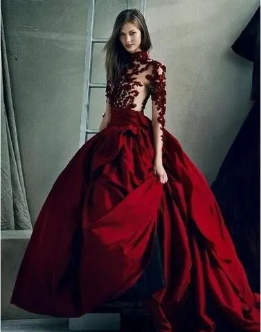 

Dark Red Ball Gown Prom Party Dress Long Sleeve High Neck See Through Appliques Formal Dress Burgundy Sheer Evening Gowns 2019