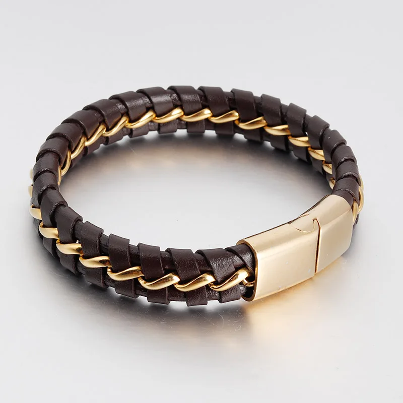 Простые черные плетеные кожаные браслеты ручной работы, мужские браслеты из нержавеющей стали, двухслойные магнитные Очаровательные золотые браслеты