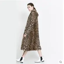 Newest Women Autumn Winter X-Long Leopard Double Pocket Rabbit Fur Jacket V Neck Long Sleeves Fashion Fur Coat Clothes J296