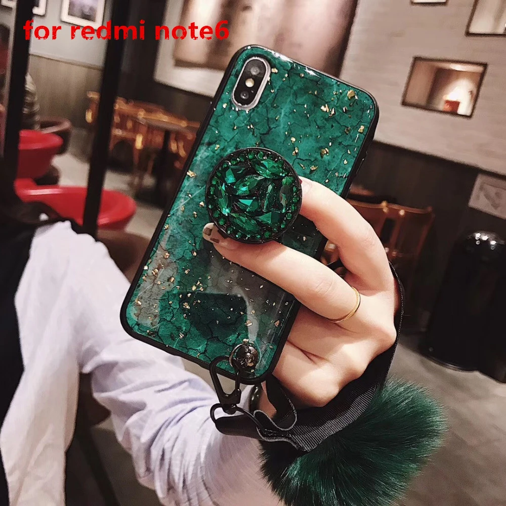 

Violet phone case for redmi note 6 case for redmi note6 Marble Glitter Gold Foil Soft cover Rhinestone support Hairball lanyard