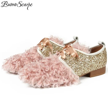 

BuonoScarpe Women Lace Up Fur Flats Bling Bling Shoes Laces Sequined Casual Comfort Shoes Sweet Fashion Design Riband Flat Shoes