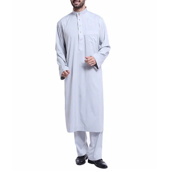 

Newly Men Solid Color Long Sleeves Thobe Arab Muslim Wear with Pants DO99