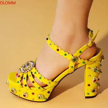 

OLOMM 2019 New Italian Shoe High Square Heels Best Selling African Woman Sandals Shoe For Women For Wedding Party Slipper!GB1-5