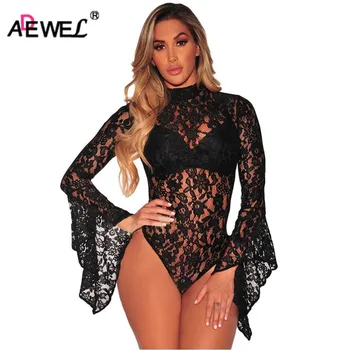 

ADEWEL 2019 Autumn Long Flared Sleeve Lace Bodysuit Women Sexy Open Back Bodycon Rompers Overalls High Neck Mini Body Feminino