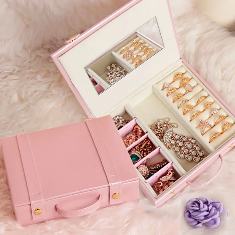 Sweet Pink Jewelry Box Portable Leather Earring Ring Jewelry Storage Travel Case