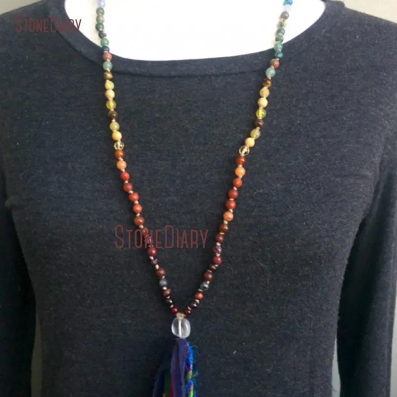 20180313-NM11109-6mm Petite Chakra Mala Beads Silk Sari Tassel, Crystal Guru Balance 7 Chakra 108 Beads Therapeutic Healing Mala Beads, Aura Cleanser