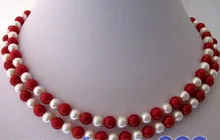 Чудесные счастливые ювелирные изделия 3" 7-8 мм круглый белый пресноводный жемчуг ожерелье из красного коралла Широкий