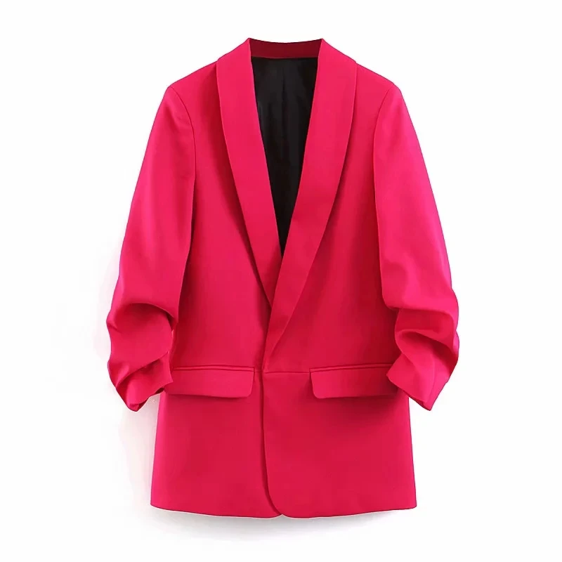 

Klacwaya women rose red blazer 2019 office ladies notched collar fold sleeve cardigan suit elegant girls slim blazers suit set