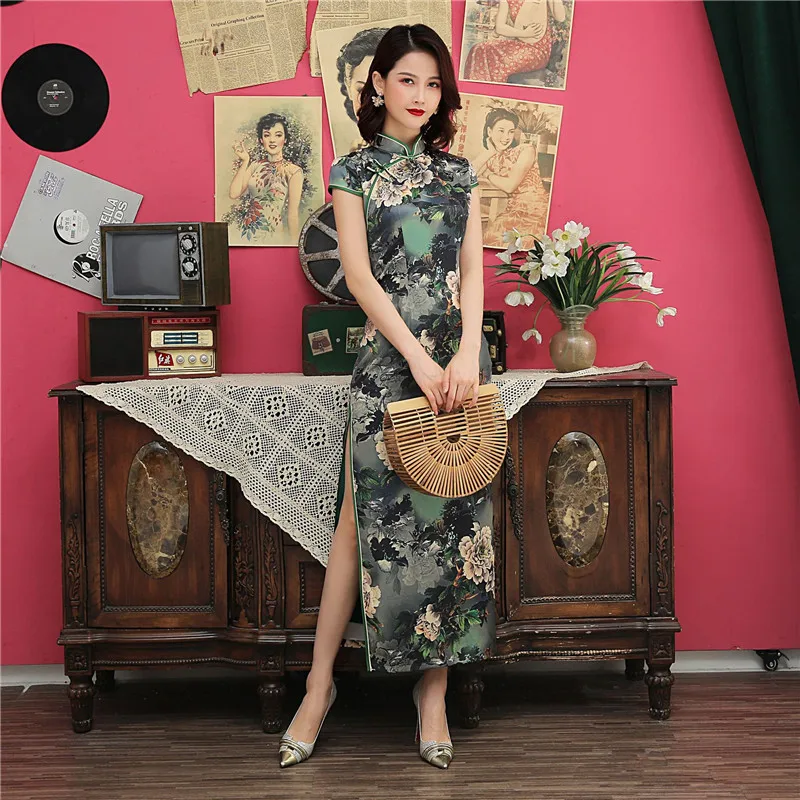 Красное китайское традиционное длинное платье летнее Qipao большого размера с