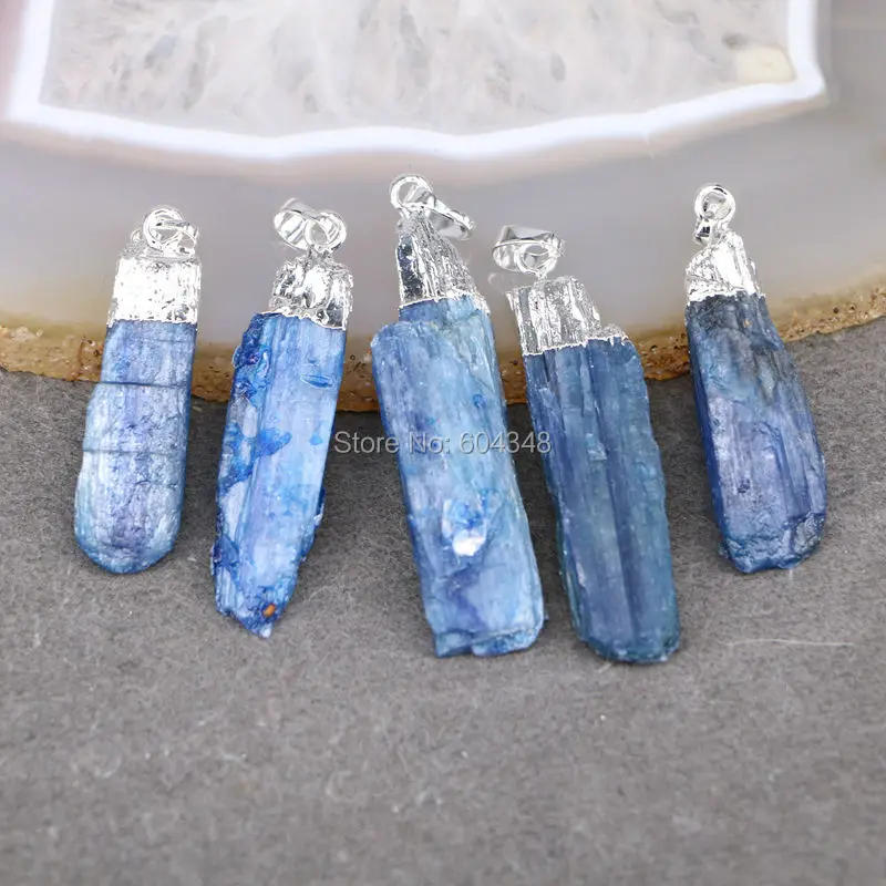 

5pcs Nature Kyanite Bar Gem stone Pendant Beads, Silver color Blue Kyanite Pendants For Jewelry Making
