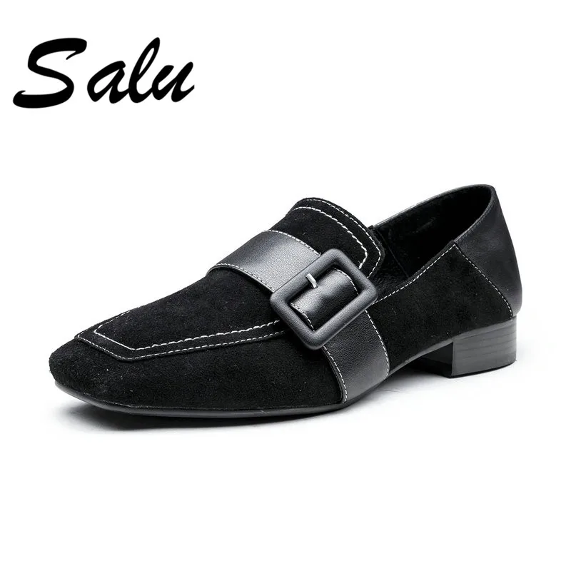 

Salu 2019 Genuine leather Women Pumps Fashion Women Shoes Square High Heel round Toe Slip on All Match Platform Ladies Pumps