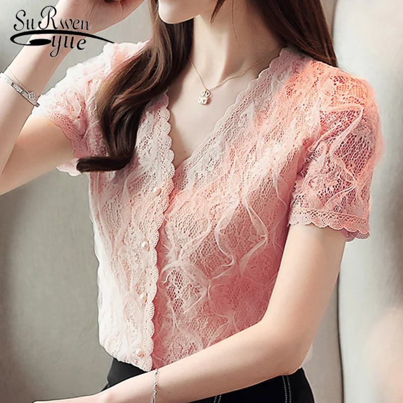 women's summer blouses 2019 short sleeve solid lace blouse women shirts v-neck lace women blouse womens tops and blouses 3799 50
