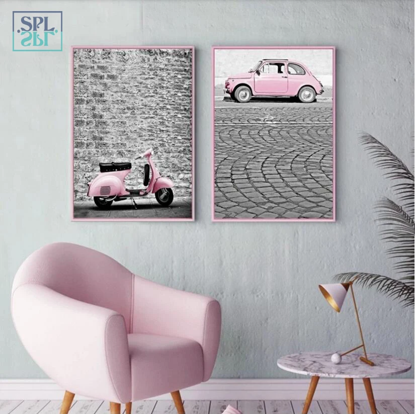 

SPLSPL Romantic Wedding Decoration Wall Picture Pink Girl Car Train Canvas Art Print Painting and Poster for Kids Room No Frame