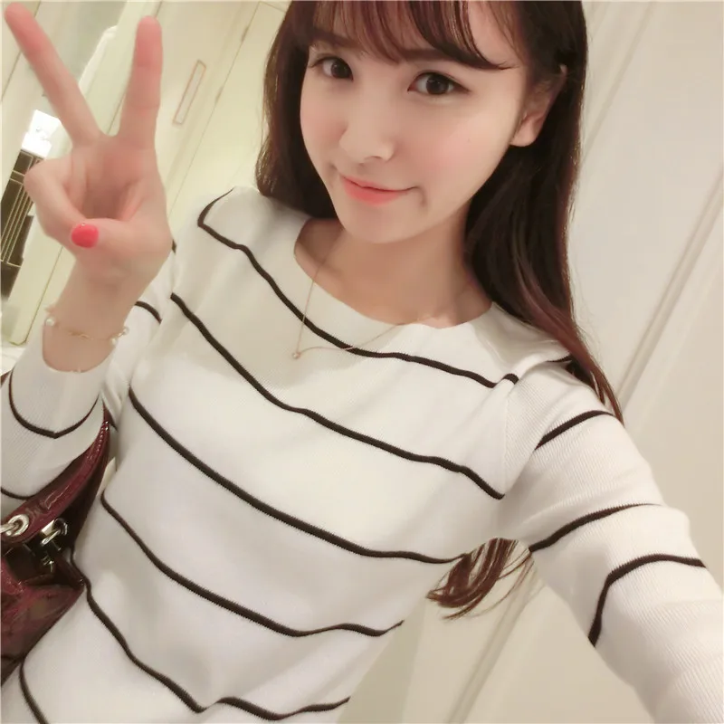 Korean Autumn Winter Female Sweater Slash Neck Long Sleeve Striped Maglioni Donna Inverno Women Sweaters Pullovers Kitwear