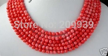 

huij 001049 6strands 6mm pink round coral necklace silver clsap discount 40%