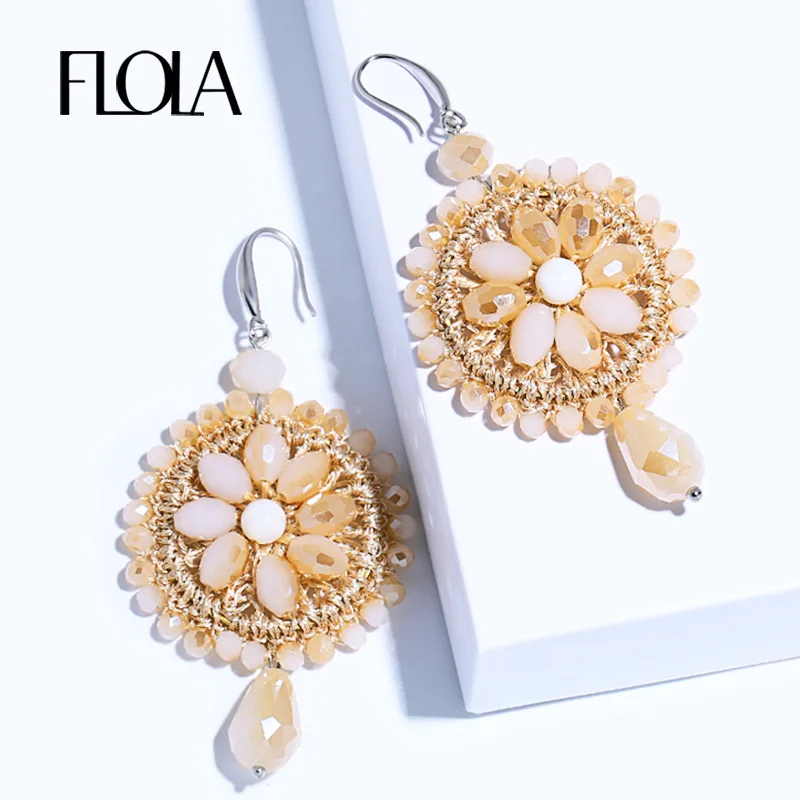 

FLOLA Vrouw Oorbellen Beads Pendant Weaving Earrings Crystal Beads Round Boho Earrings Handmade Ethnic Jewelry Brincos ersm87