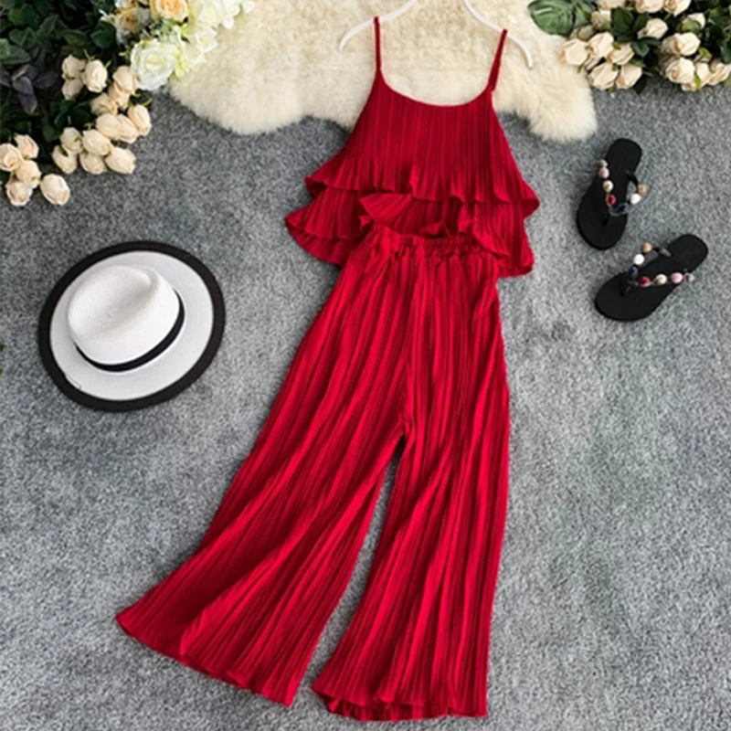 

Summer Large size Set 2019 Chiffon Pleated Ruffled Sling Top + Wide-leg Pant Women 2pcs Holiday Casual Sets Women aa925