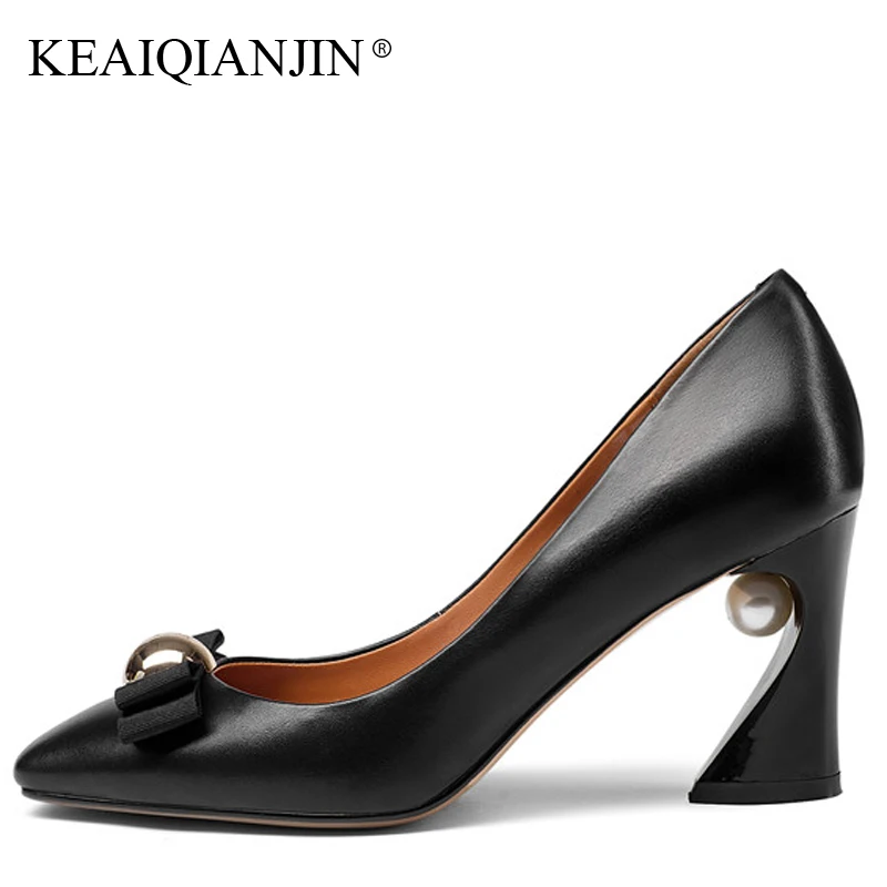 

KEAIQIANJIN Woman Butterfly knot Genuine Leather Pumps Plus Size 33 - 43 Blue High Heels Shoes Spring Square Toe Wedding Pumps