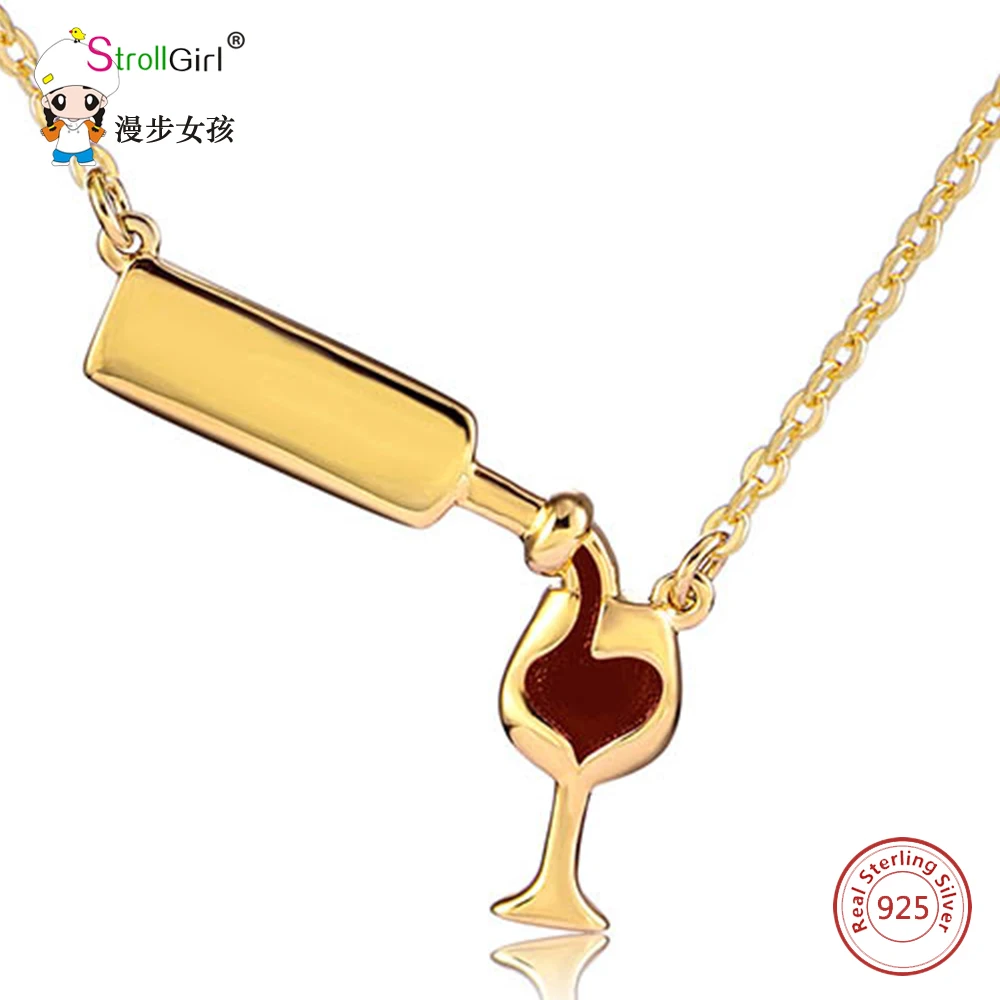 

Strollgirl New Arrival 925 Sterling Silver Wine & Cup Pattern Pendants Necklaces For Women Wine&Cup Chain Lovely 925 Collier