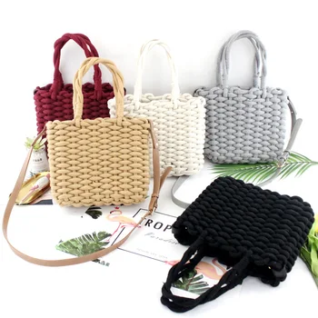 

Thick cotton rope one shoulder portable straw bag square woven casual beach handbags Messenger bag