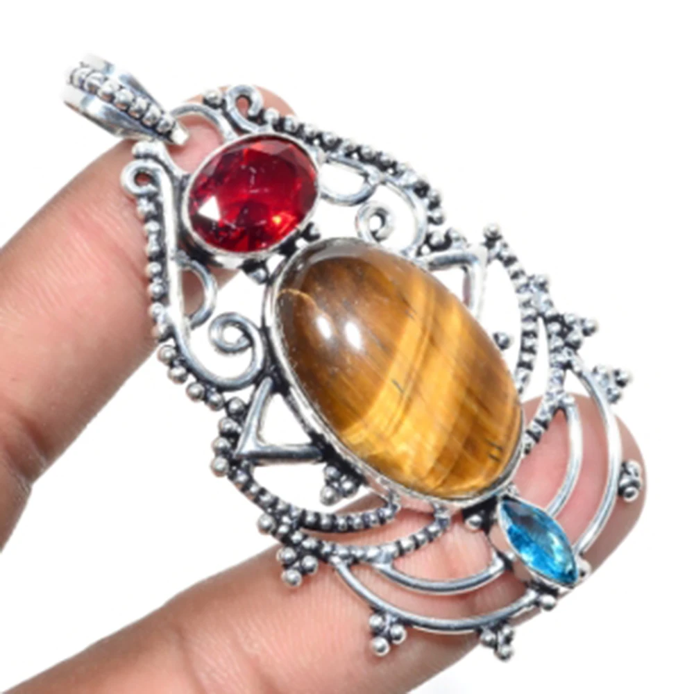 

Tiger Eye,Garnets Pendant Silver Overlay over Copper, USA Size 71 mm , P5742
