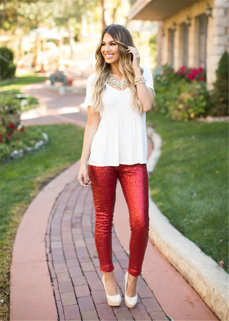 Sexy Sequins With Lining Slim Trousers Nightclub Straight Sexy Bright Color Slim Trousers 2018 