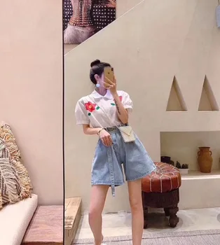 

Casual 2 Piece Set Women Turn-down Collar Single Breasted Floral Tops Jeans Shorts Brief Women Sets Clothes Temperament