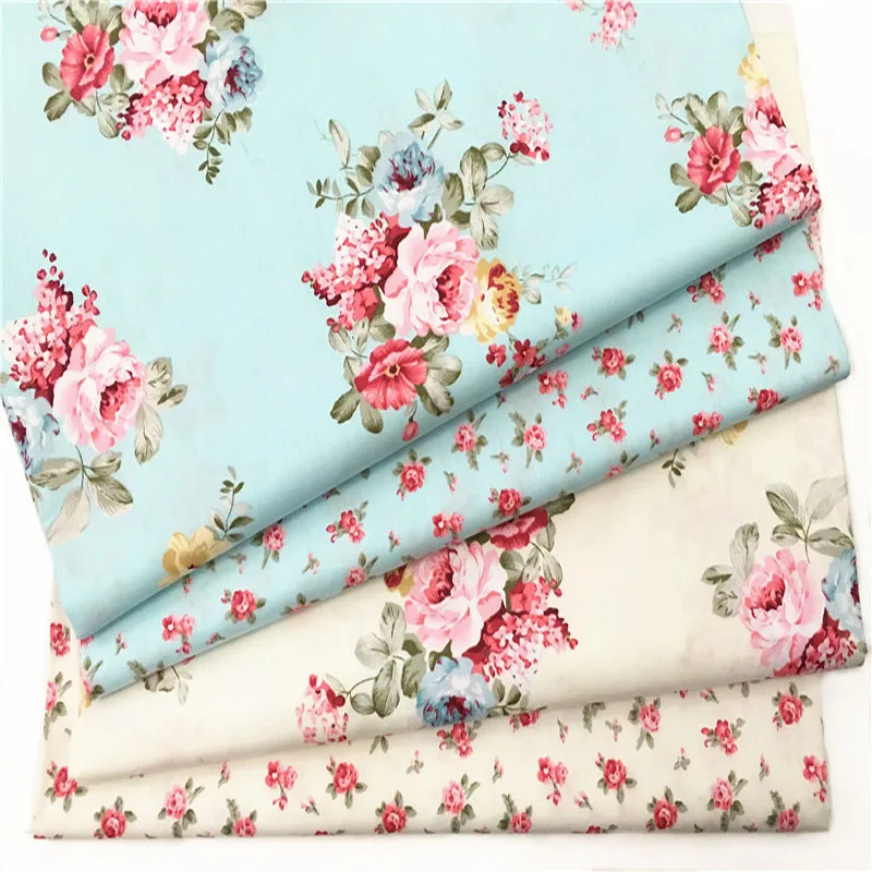 

100x160cm Graceful Blooming Blue White Red Rose Flowers Printed Cotton Fabric For DIY sewing Quilting Bedding DIY Sewing