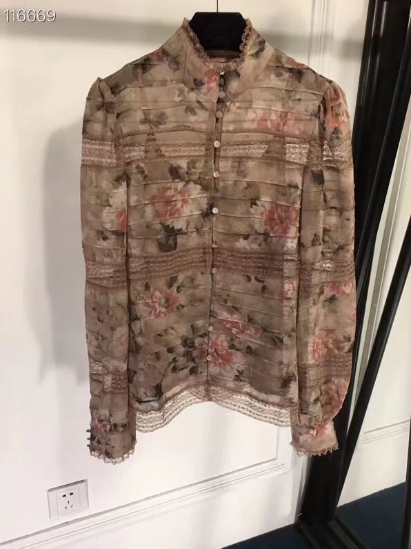 

New Arrival 2019 High Quality 100% Real Silk Shirt Long Sleeve Patchwork Lace Transparent Top Elegant Print Women Vintage Blouse