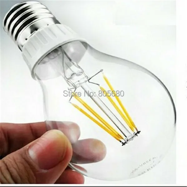 

Free Shipping 2014 New10pcs/iot 360degree AC85~265V 6W 2700~6500K new filament LED bulb A19 6W E27 Holder